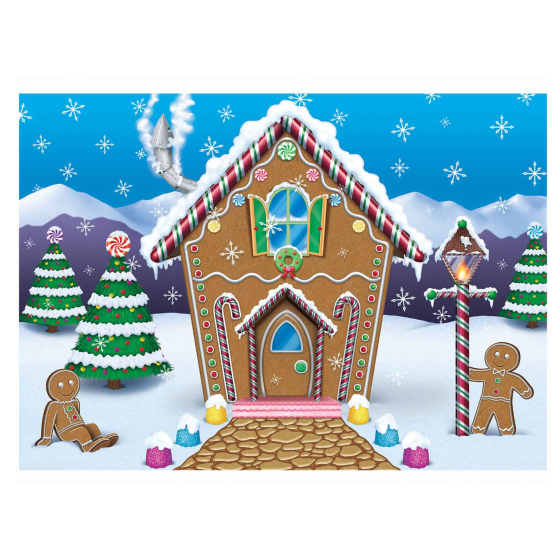 GIANT CHRISTMAS GINGERBREAD HOUSE SCENE FABRIC BACK DROP