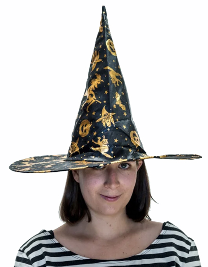 GOLD WITCH'S HAT WITH HALLOWEEN MOTIFS