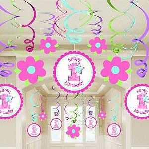 1st Birthday Hanging Swirls Pack Of 30 Girl Party Supplies