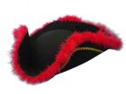 PIRATES HAT - TRICORN BLACK WITH RED FEATHER TRIM