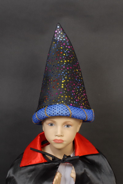 WIZARD HAT - BLACK WITH MULTI COLOURED STARS